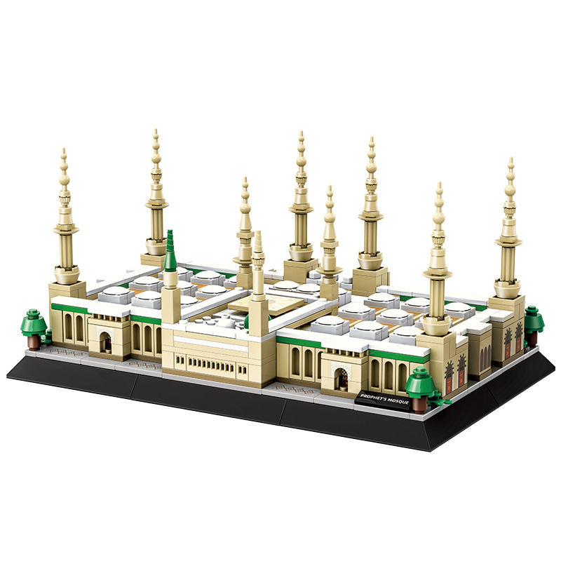 Prophet’s Mosque building blocks model with detailed minarets and courtyard structure, displayed on a base for collection, decoration, or architectural display