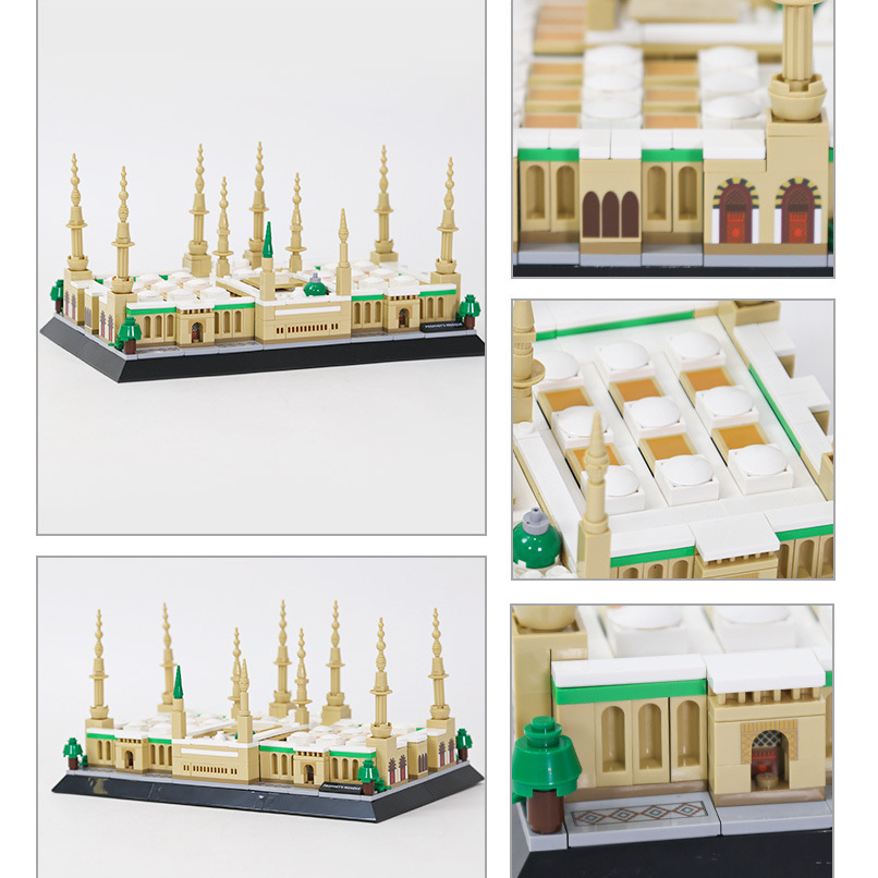 Prophet’s Mosque building blocks model shown in multiple angles with close-up details, highlighting minarets, arches, courtyard tiles, and architectural features for display and collection