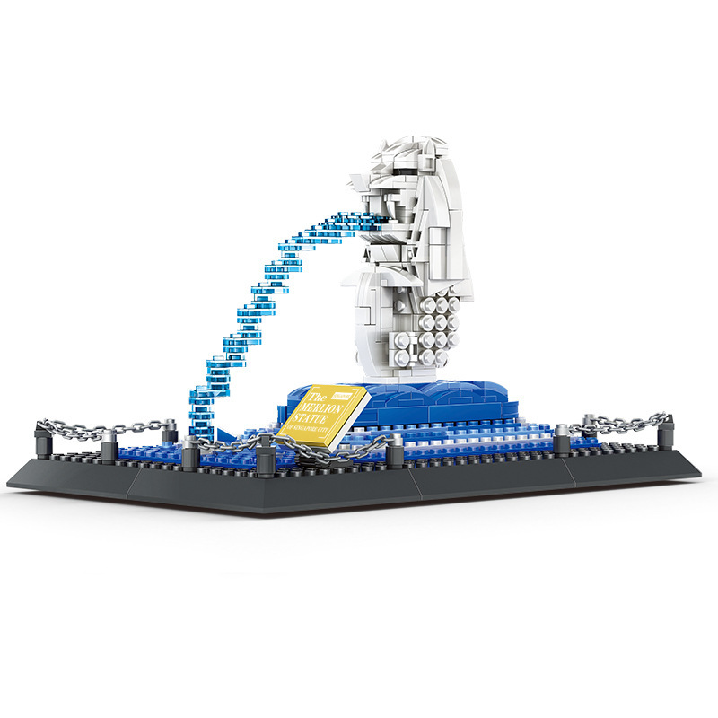 WANGE Merlion Statue Singapore building blocks model with detailed structure, blue water effect, and display base, shown in clean isolated background for product clarity