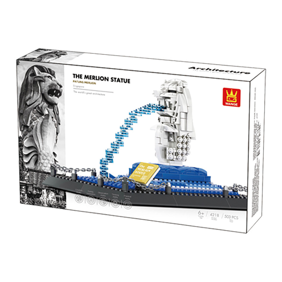 WANGE Merlion Statue Singapore building blocks set packaging box showing completed model design, product branding, and architectural theme presentation