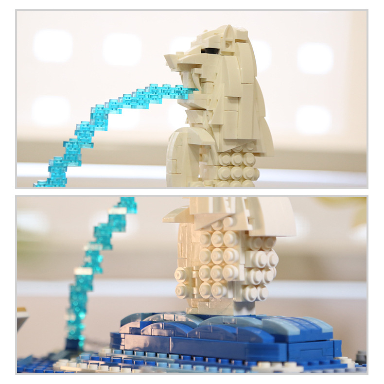 Close-up of WANGE Merlion Statue Singapore building blocks model, highlighting sculpted head detail and transparent blue brick water flow feature