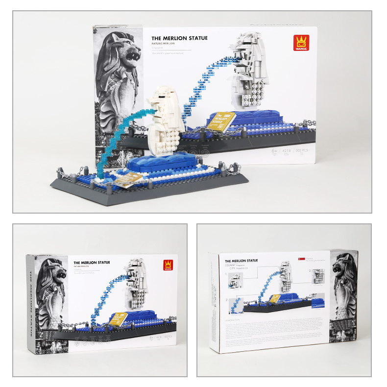 WANGE Merlion Statue Singapore building blocks model with packaging box, showcasing completed build, product design, and collectible display presentation