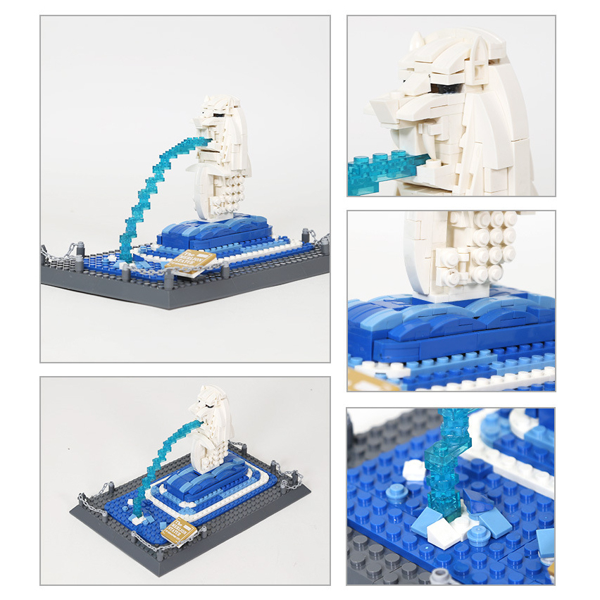 WANGE Merlion Statue Singapore building blocks model shown in multiple angles, highlighting sculpted head details, layered base, and transparent brick water flow design