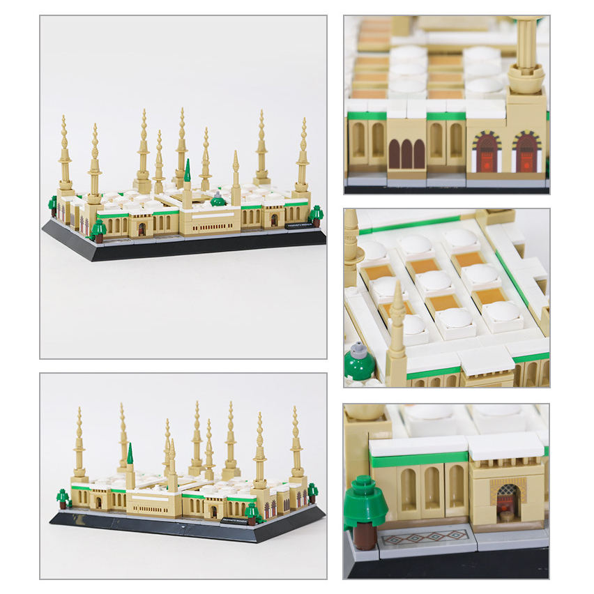 Prophet’s Mosque building blocks model shown in multiple angles with close-up details, highlighting minarets, arches, courtyard tiles, and architectural features for display and collection