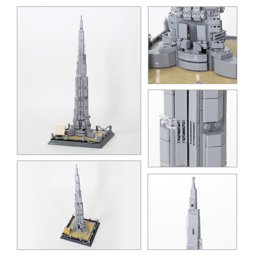 Burj Khalifa building blocks model showcasing full structure with detailed base and tiered design, highlighting architectural form and building features