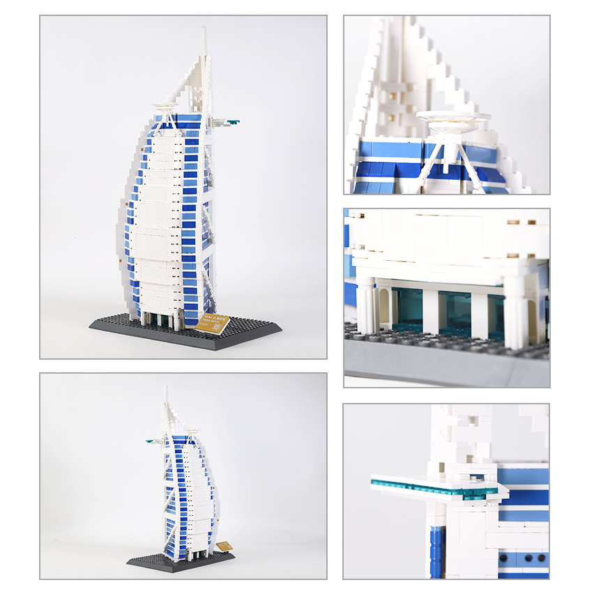 Burj Al Arab building blocks model close up details showing structure, windows and platform, precision architecture design set