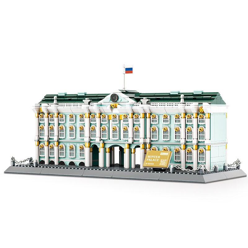 WANGE Winter Palace building blocks model with detailed architecture, featuring symmetrical design, columns, windows, and classic colors for display and collection