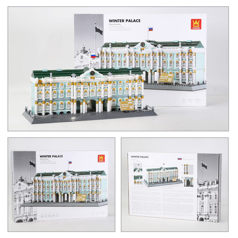 WANGE Winter Palace building blocks model displayed with packaging box, showing completed architecture design and product presentation for display or collection