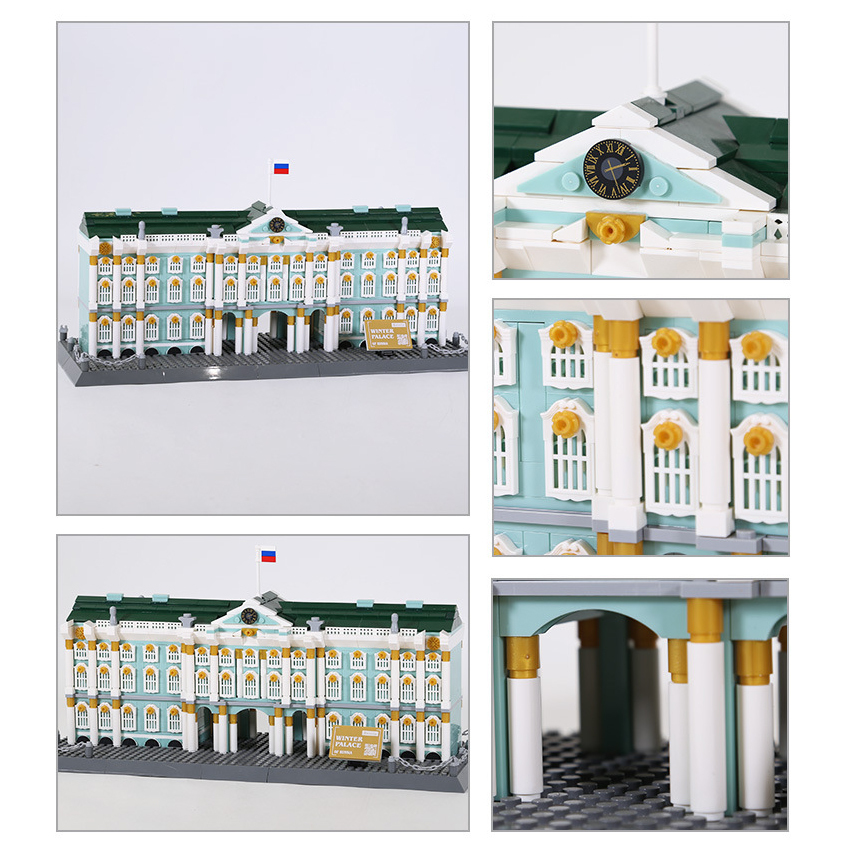 WANGE Winter Palace building blocks model with detailed facade, clock, columns, windows, and archway close-ups, showcasing architectural design and building details
