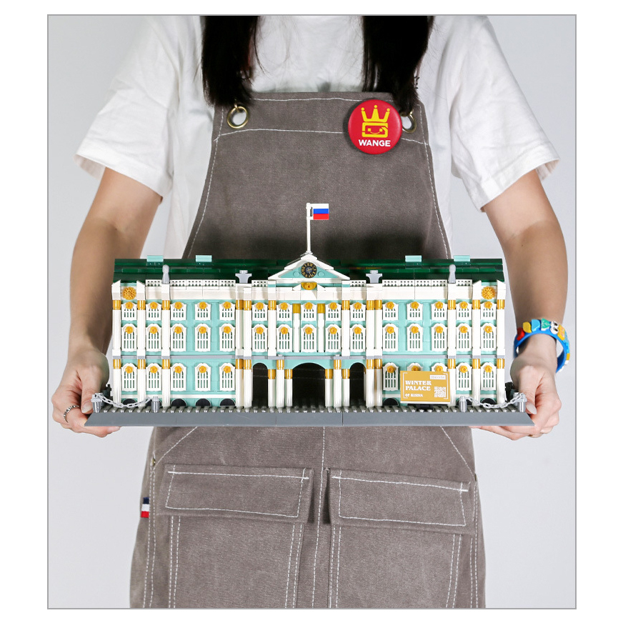 WANGE Winter Palace building blocks model held for scale, featuring detailed facade, columns, and base, ideal for display, collection, and home decor