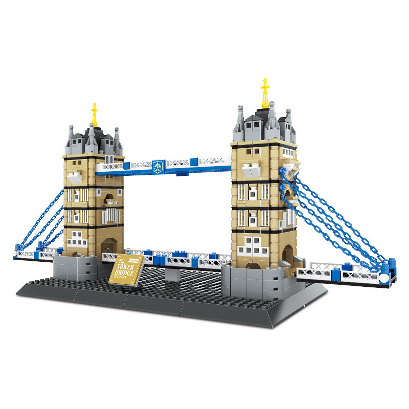 Tower Bridge London England building blocks model with twin towers, blue bridge spans, and sturdy base, showcasing detailed structure and clean display-ready finish