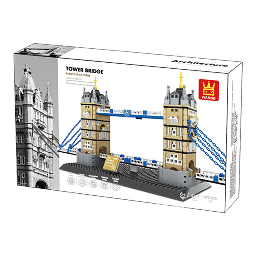 WANGE Tower Bridge building blocks set packaging box showing completed model, architecture series branding, and detailed landmark design preview for collectors and builders