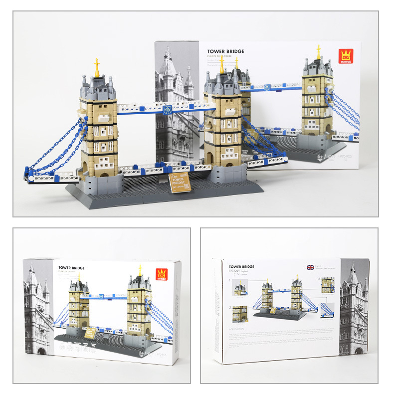 WANGE Tower Bridge building blocks model displayed with packaging box, showing completed structure, architectural design, and product presentation for display and collection