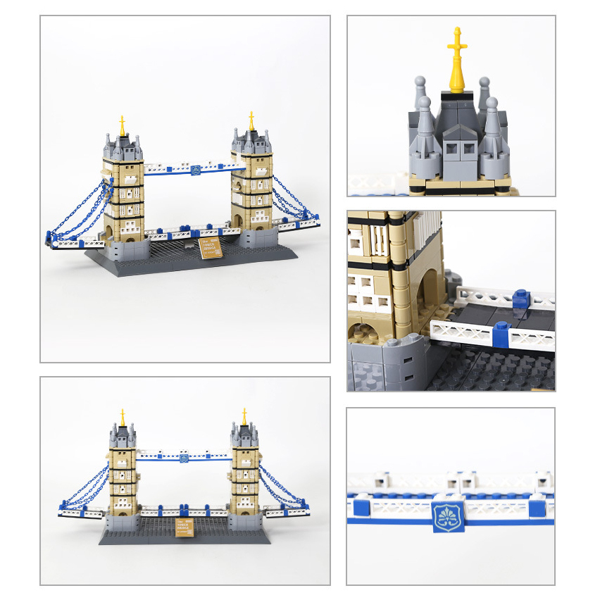 Tower Bridge London England building blocks model collage showing multiple angles, tower details, bridge structure, and close-up elements highlighting textures and architectural features