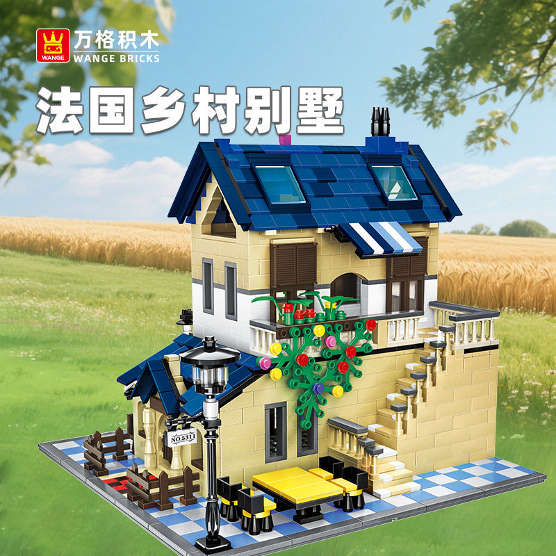 French country lodge building blocks model with blue sloped roof, balcony, outdoor stairs, and garden details, displayed in a peaceful countryside setting with warm and cozy atmosphere
