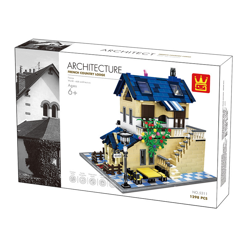 WANGE French Country Lodge building blocks set packaging showing completed villa model, 1298 pieces architecture series with detailed house design for building and display