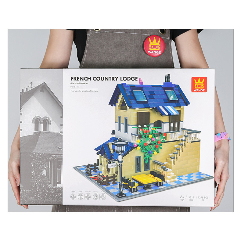 WANGE French Country Lodge building blocks set box showing detailed villa model artwork, 1298 piece architecture series packaging ideal for gifting, display, and collection