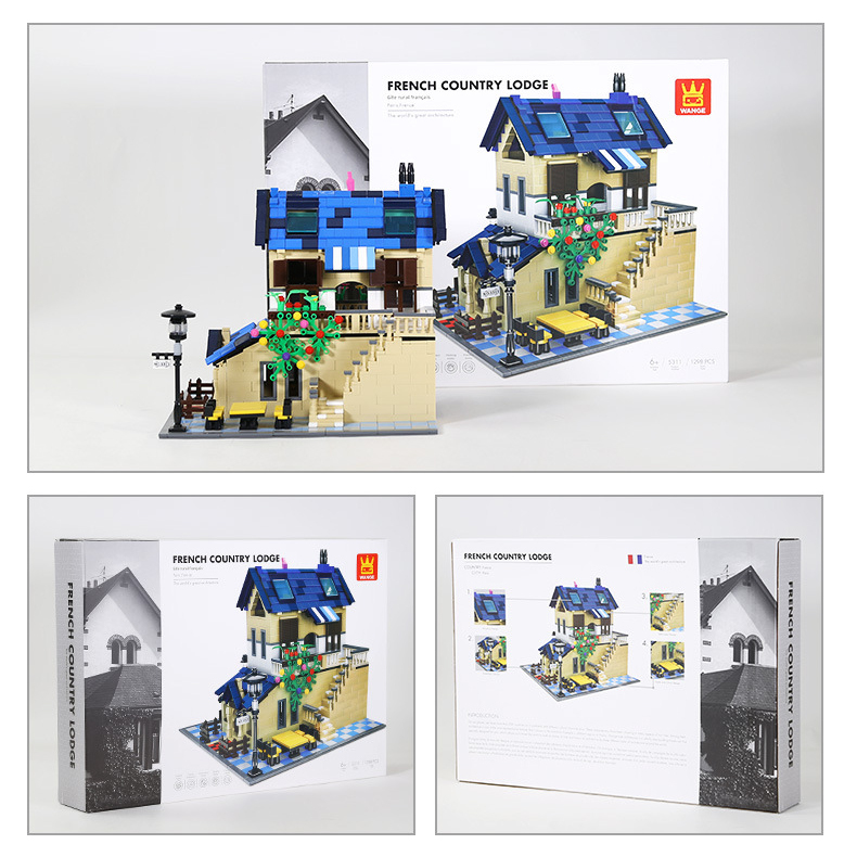 WANGE French Country Lodge building blocks set with completed villa model and packaging box, 1298 piece architecture series ideal for building, display, and collection
