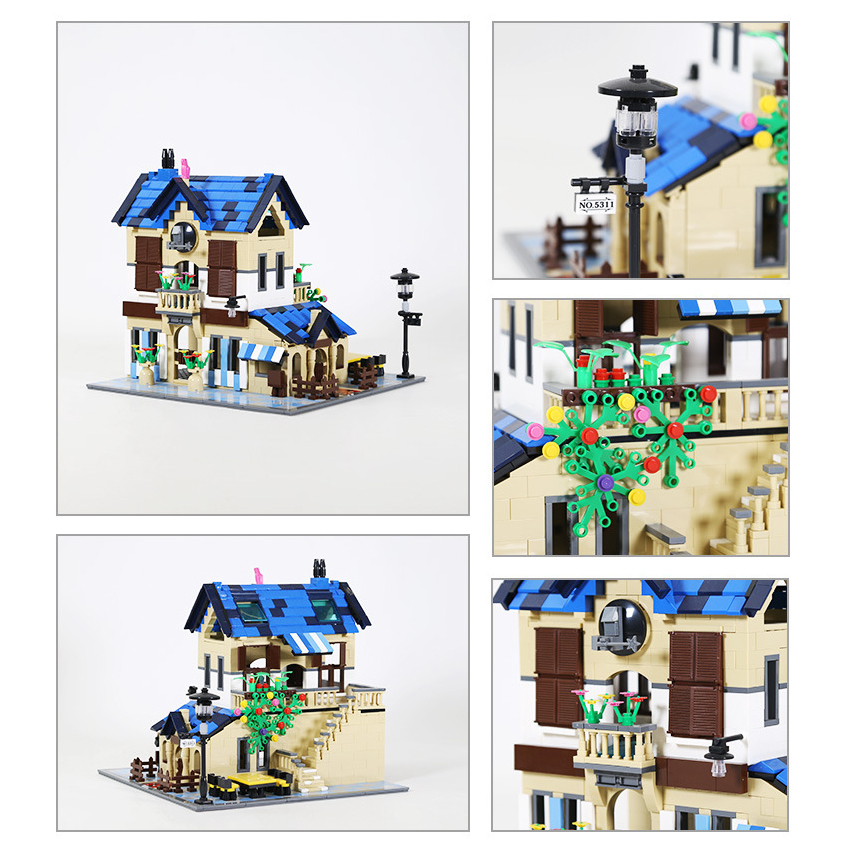 French country lodge building blocks model showcasing multiple angles with detailed villa design, blue roof tiles, balcony, outdoor stairs, street lamp, and decorative garden elements