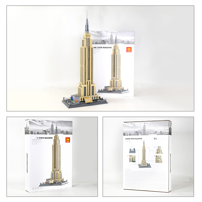 WANGE Empire State Building building blocks set with completed model and packaging box, showcasing product presentation, collectible display value, and gift-ready design for architecture enthusiasts