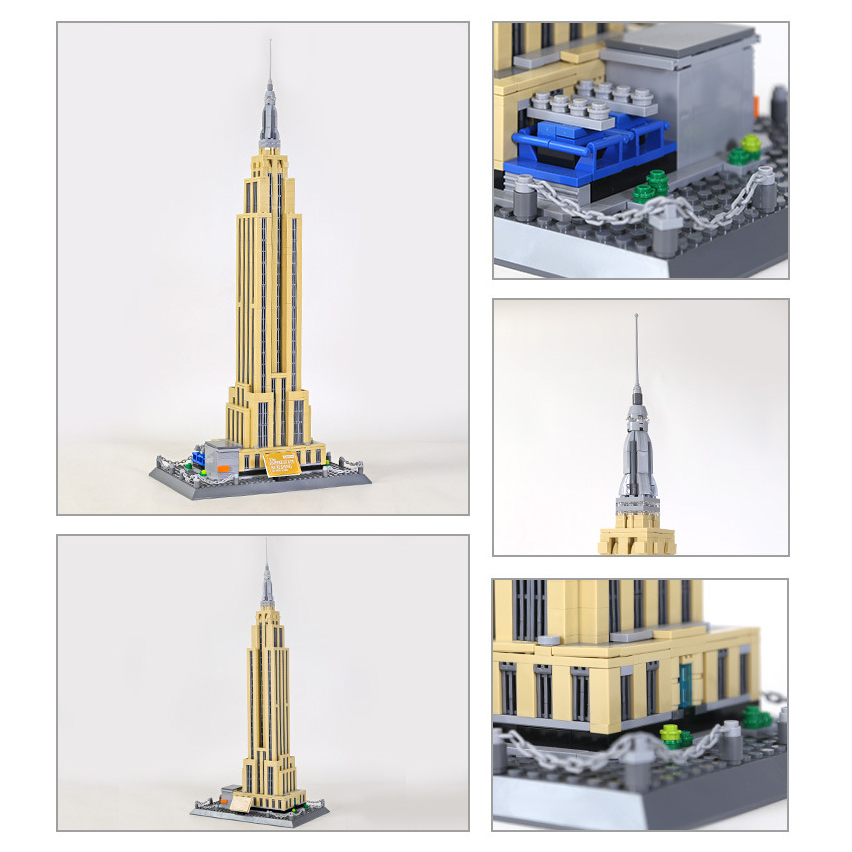 Empire State Building building blocks model collage showing full structure, spire detail, window design, and base elements including fence and accessories, highlighting architectural accuracy and intricate build features