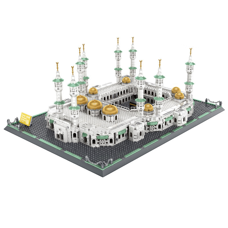 Great Mosque of Mecca building blocks model featuring intricate minarets, arched corridors, and gold dome details, ideal for display and collection