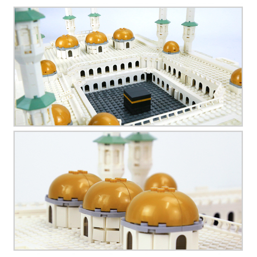 Great Mosque of Mecca building blocks model close-up of Kaaba courtyard with golden domes, arched colonnades, and central structure detail