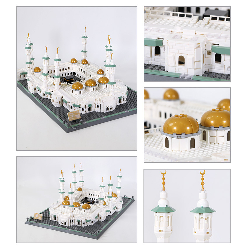 Great Mosque of Mecca building blocks model featuring detailed minarets, golden domes, arched structures, and intricate architectural elements in a multi-angle display