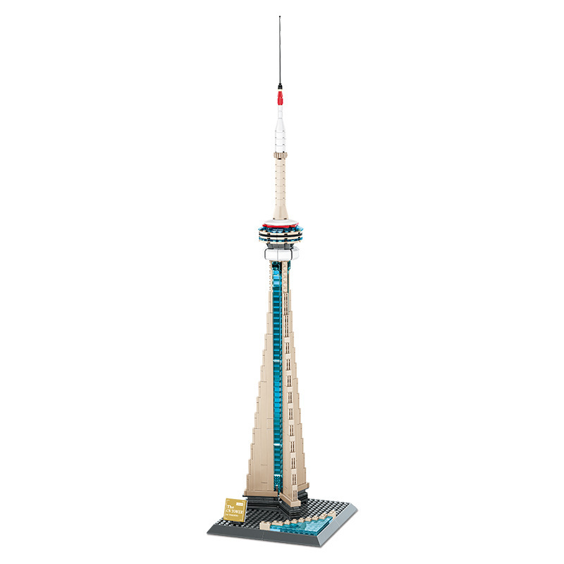 WANGE CN Tower building blocks model isolated on a plain background, highlighting the slender tower structure, turquoise center detail, and layered observation deck design