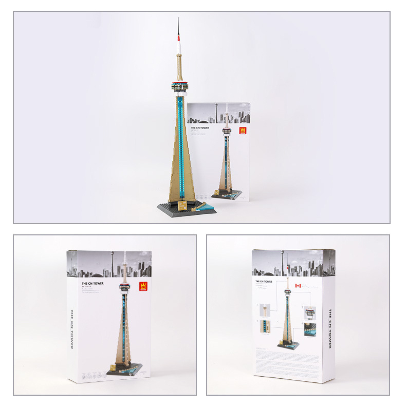 Completed CN Tower building blocks model with packaging box, showcasing full display look, product scale, and retail presentation suitable for collection or gifting