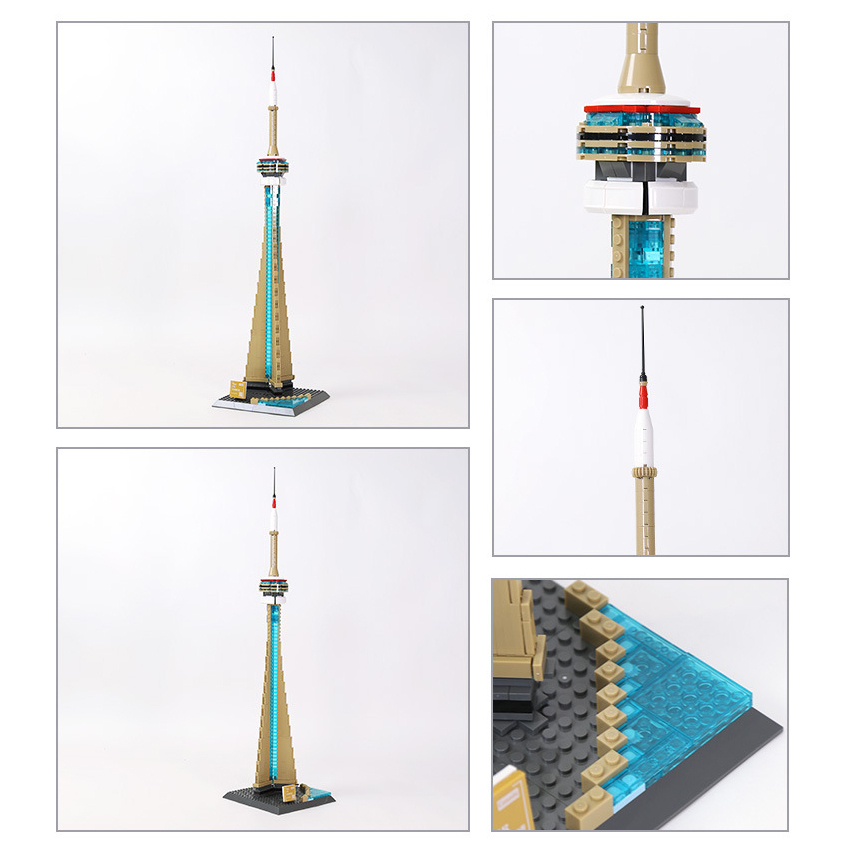 CN Tower building blocks model collage showing full structure, observation deck close-up, antenna detail, and base platform with translucent blue elements and textured bricks