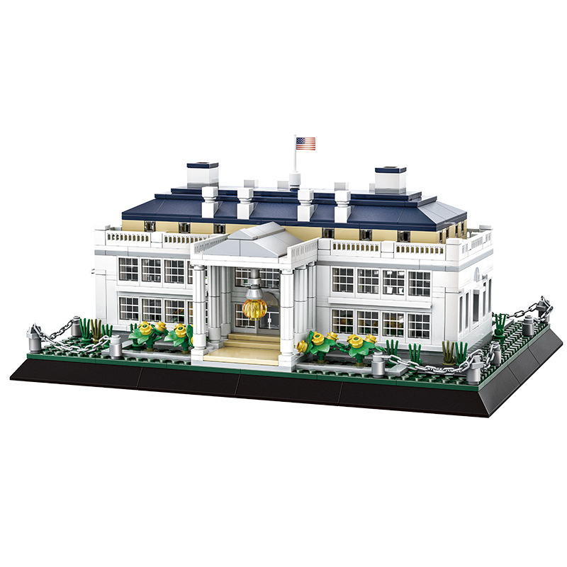 WANGE White House building blocks model with symmetrical design, layered roof, front portico, and miniature American flag, presented as a detailed architectural display piece