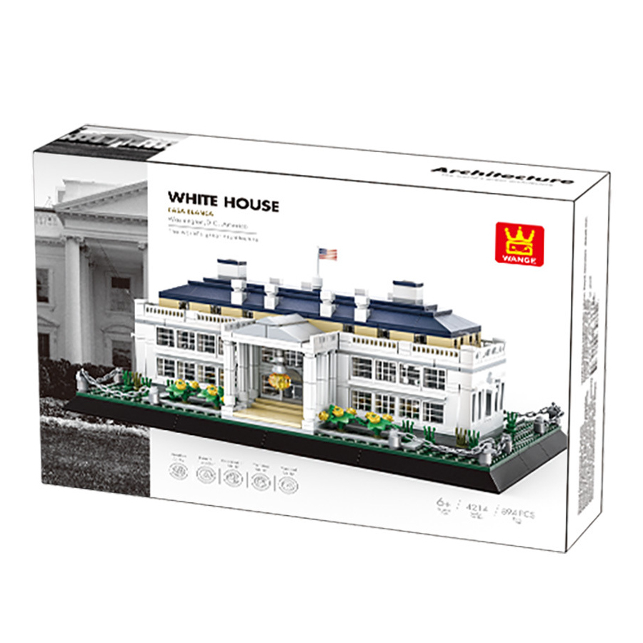 WANGE White House building blocks set packaging box showing completed model, piece count, and product details, suitable for gifting, collection, and architectural model display