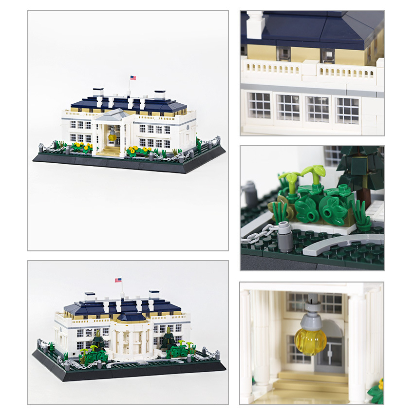 White House building blocks model shown from front and rear angles with close-up details of windows, landscaping, and entrance lighting, highlighting architectural features and build quality