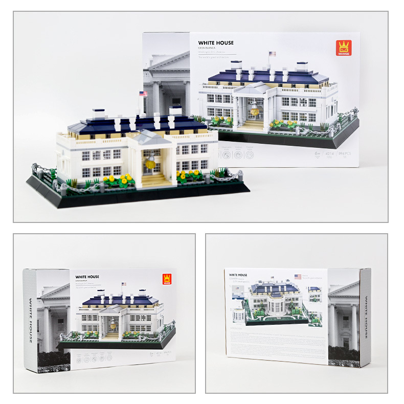 WANGE White House building blocks set with completed model and packaging box, showing front and back box design, product details, and gift-ready presentation