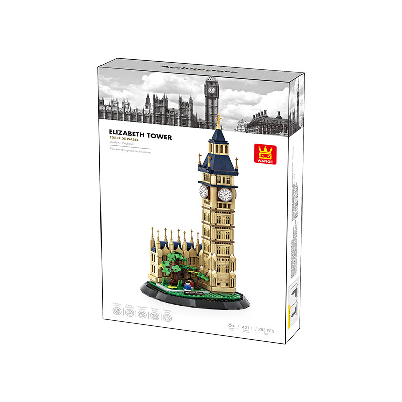 WANGE Elizabeth Tower building blocks set packaging box featuring product image, model details, and complete kit presentation for display or gifting
