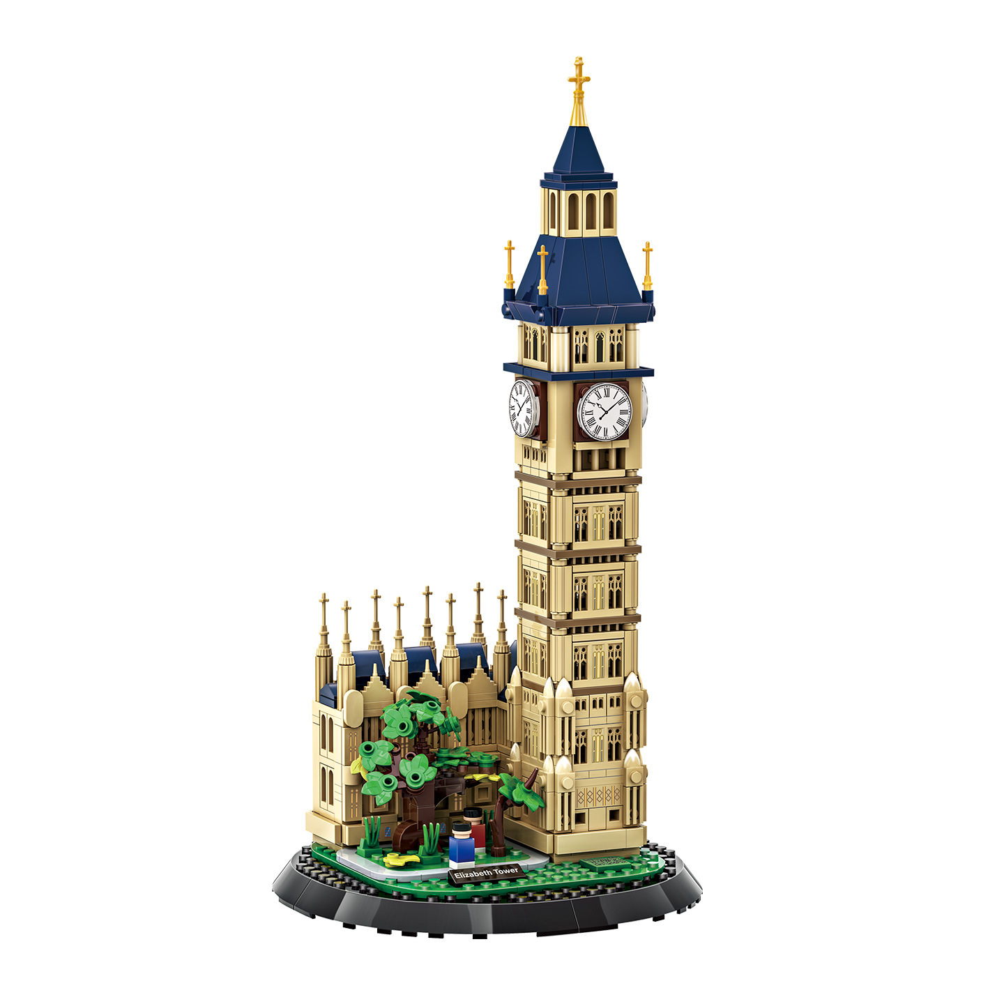 Elizabeth Tower building blocks model with detailed structure, clock tower design, and display base, showcasing architectural details from all angles