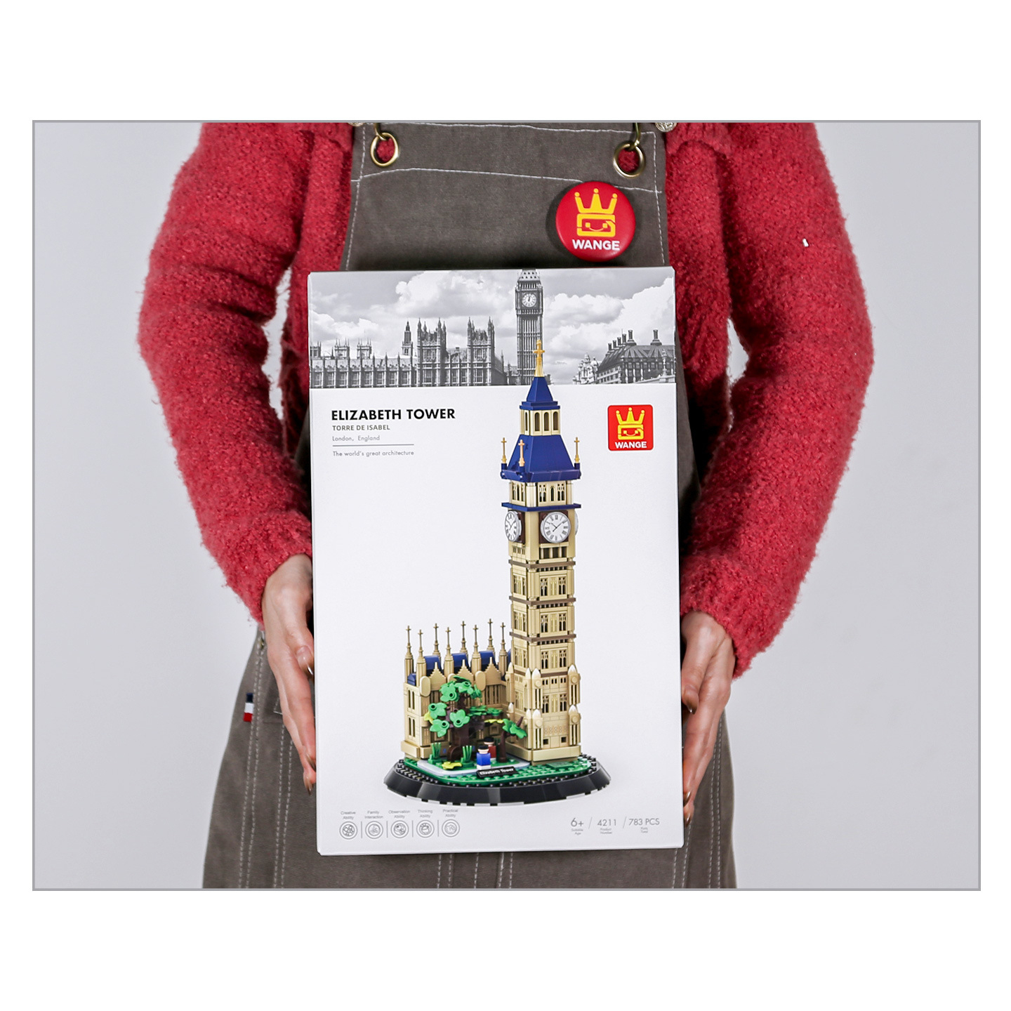 WANGE Elizabeth Tower building blocks set packaging held for scale, featuring product image, model details, and complete kit presentation