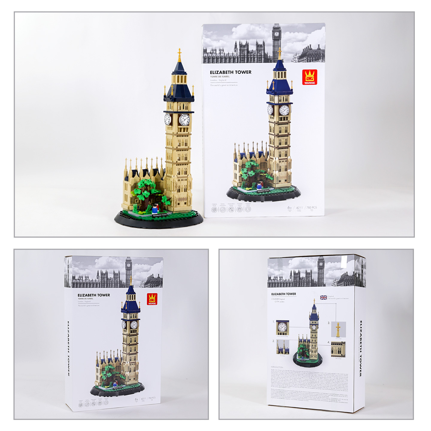 WANGE Elizabeth Tower building blocks set with completed model and packaging box, front and back views showing product design and details