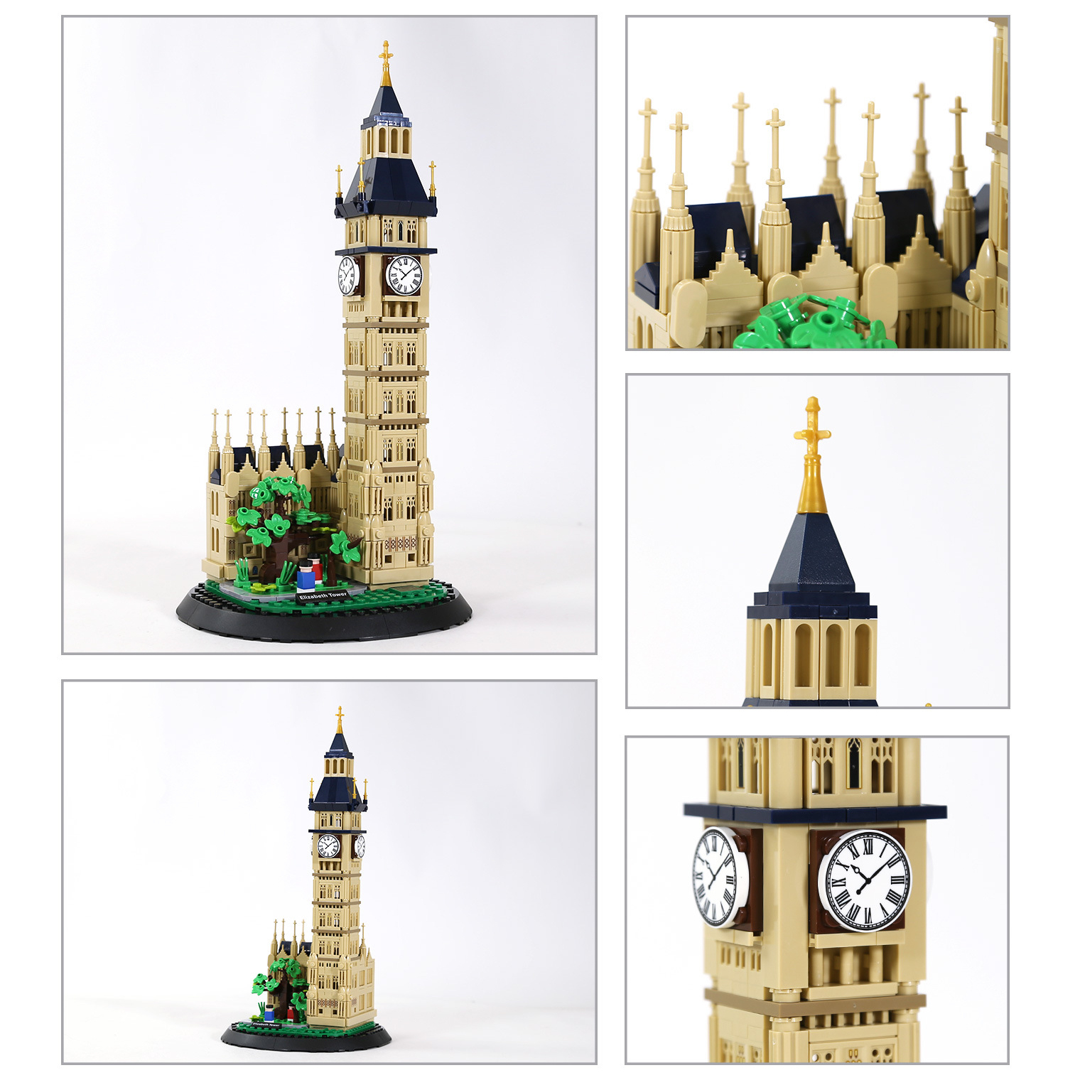 Elizabeth Tower building blocks model collage showing full structure, spire details, clock face close up, and architectural elements