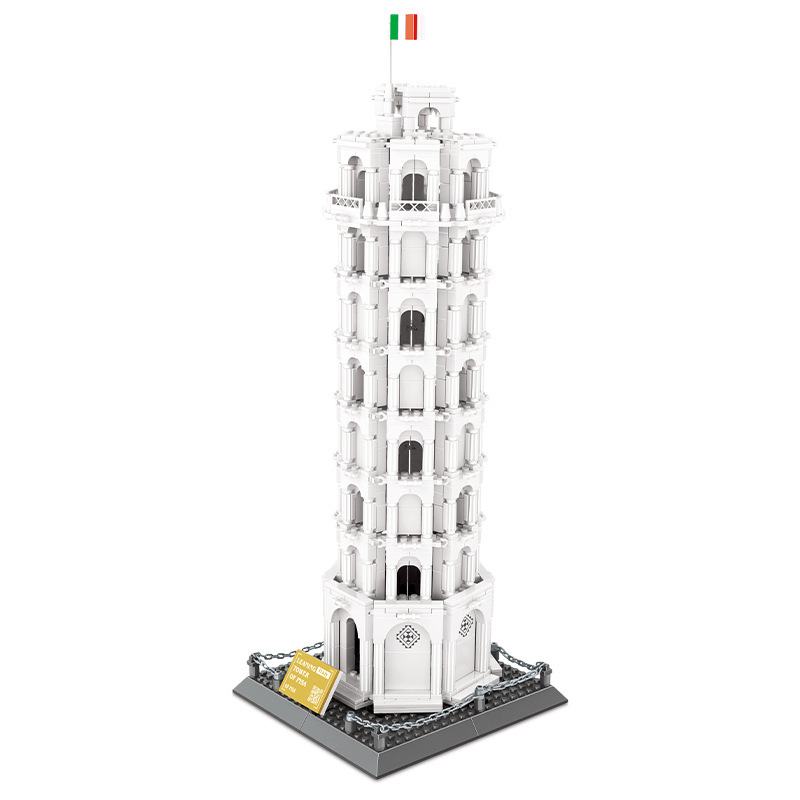 Leaning Tower of Pisa building blocks model with precise architectural details, including layered columns, arches, and signature tilt on a display base