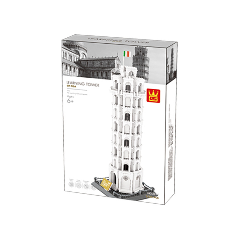WANGE Leaning Tower of Pisa building blocks set packaging box showing the completed model design, piece count, and clean presentation for display or gifting