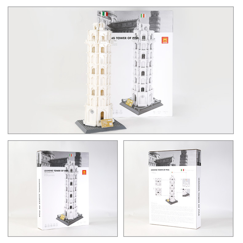 Leaning Tower of Pisa building blocks model displayed alongside packaging box, showing completed structure, design details, and box front and back for a full product overview