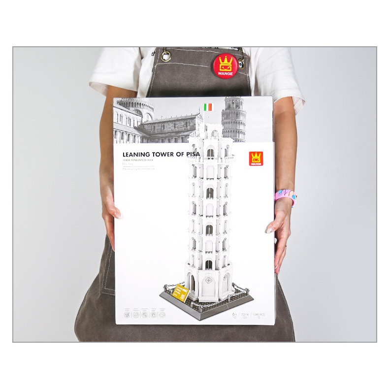 WANGE Leaning Tower of Pisa building blocks set packaging box displayed upright, highlighting the model design, branding, and clean presentation for gifting or collection
