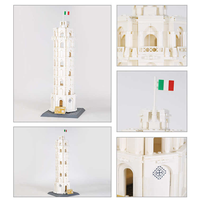 Leaning Tower of Pisa building blocks model shown from multiple angles with close-up details of arches, columns, decorative elements, and the top flag, highlighting fine craftsmanship and structure