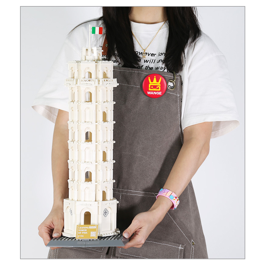 Leaning Tower of Pisa building blocks model displayed with full height and detailed structure, showing scale and proportion with a stable display base
