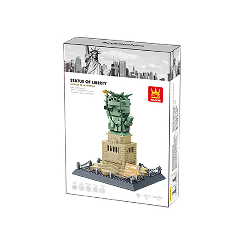 WANGE mini Statue of Liberty building blocks set in color box packaging, showing model design, piece count, and product details