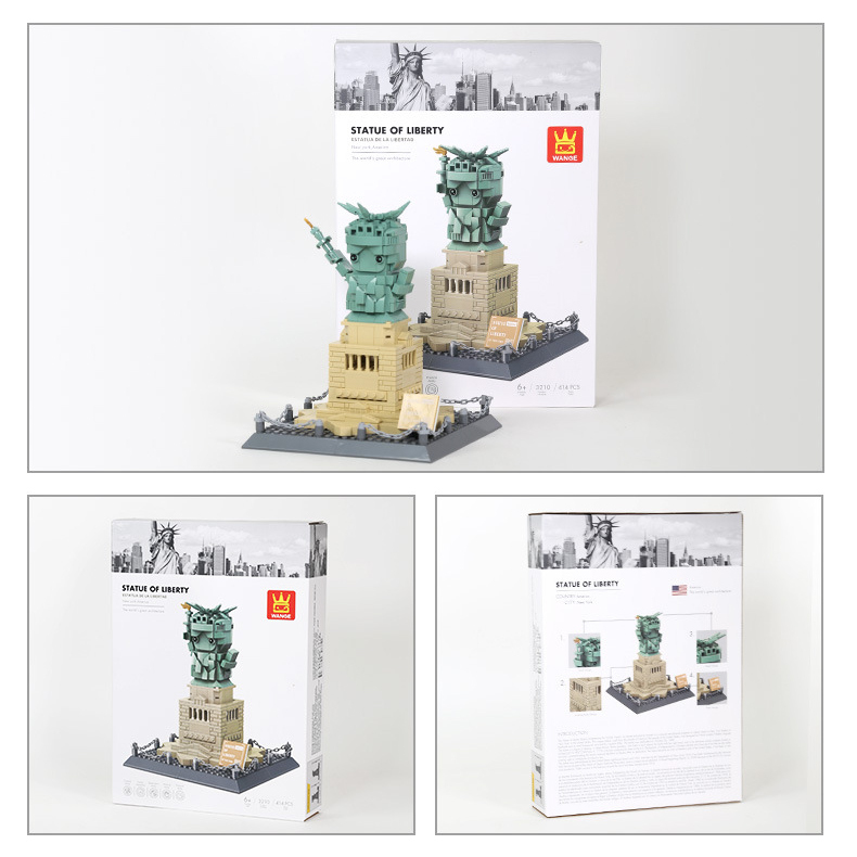 WANGE Statue of Liberty building blocks set with model and color box packaging, showing front and back design, product details, and display presentation