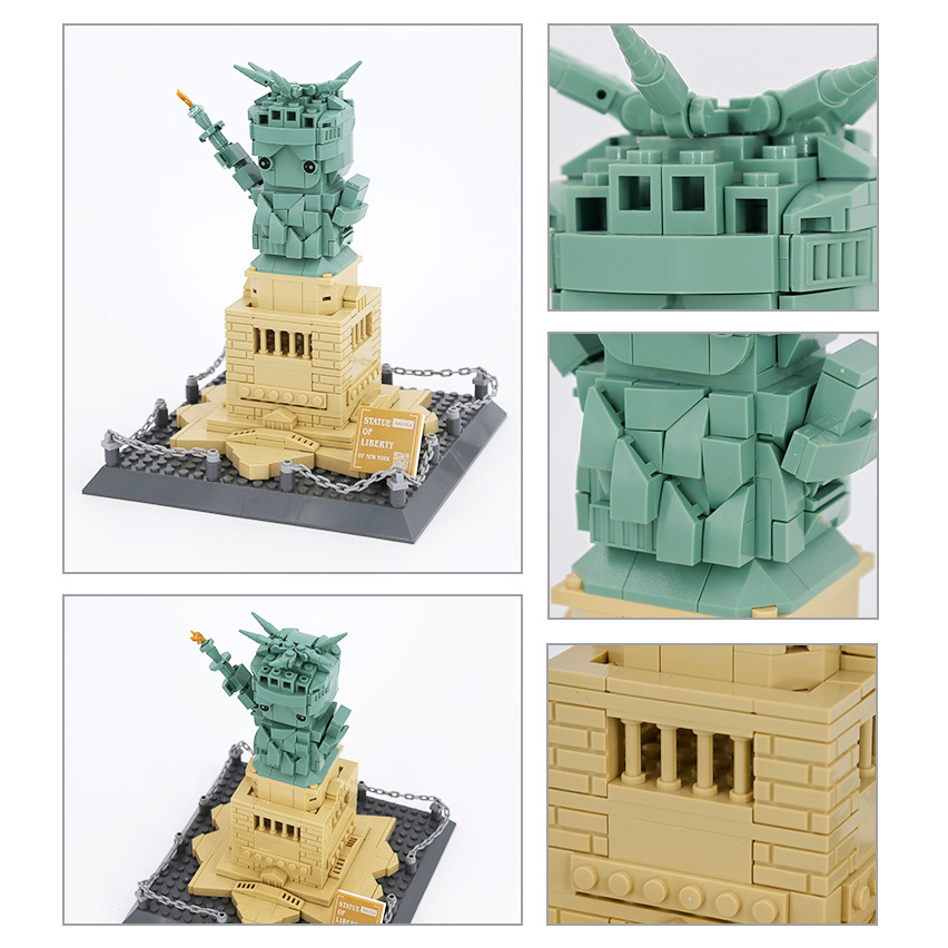 Mini Statue of Liberty building blocks model with detailed close-up views of crown, face, and pedestal, showcasing brick texture and assembly precision