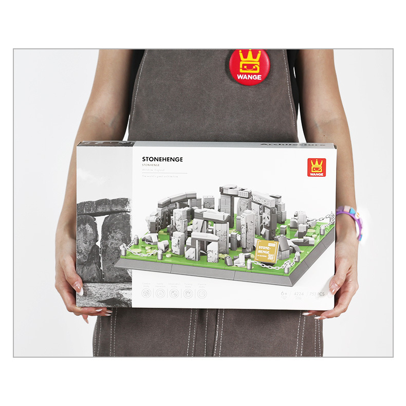 Stonehenge building blocks packaging box held for size reference, showing detailed model image and compact box design suitable for gifting and storage